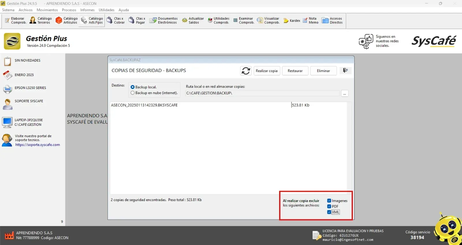 Pantalla de Copias de Seguridad – Backups en SysCafé, con el destino local, la ruta de almacenamiento y el listado de copias generadas